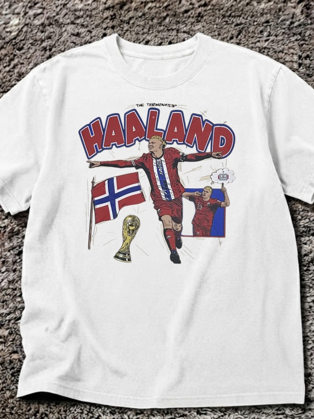 Gildan White Haaland Graphic Tee with Red & Blue Accents